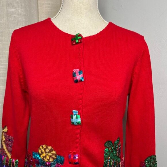 Vintage Y2K Michael Simon Christmas Sweater Sequin Presents Holiday Red SMALL - Picture 3 of 13